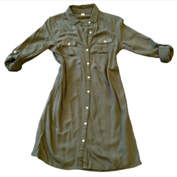 Old Navy Dresses & Skirts - Old Navy Shirt Dress Pockets Roll Tab Sleeves Army Khaki Green‎ Sz S #187J